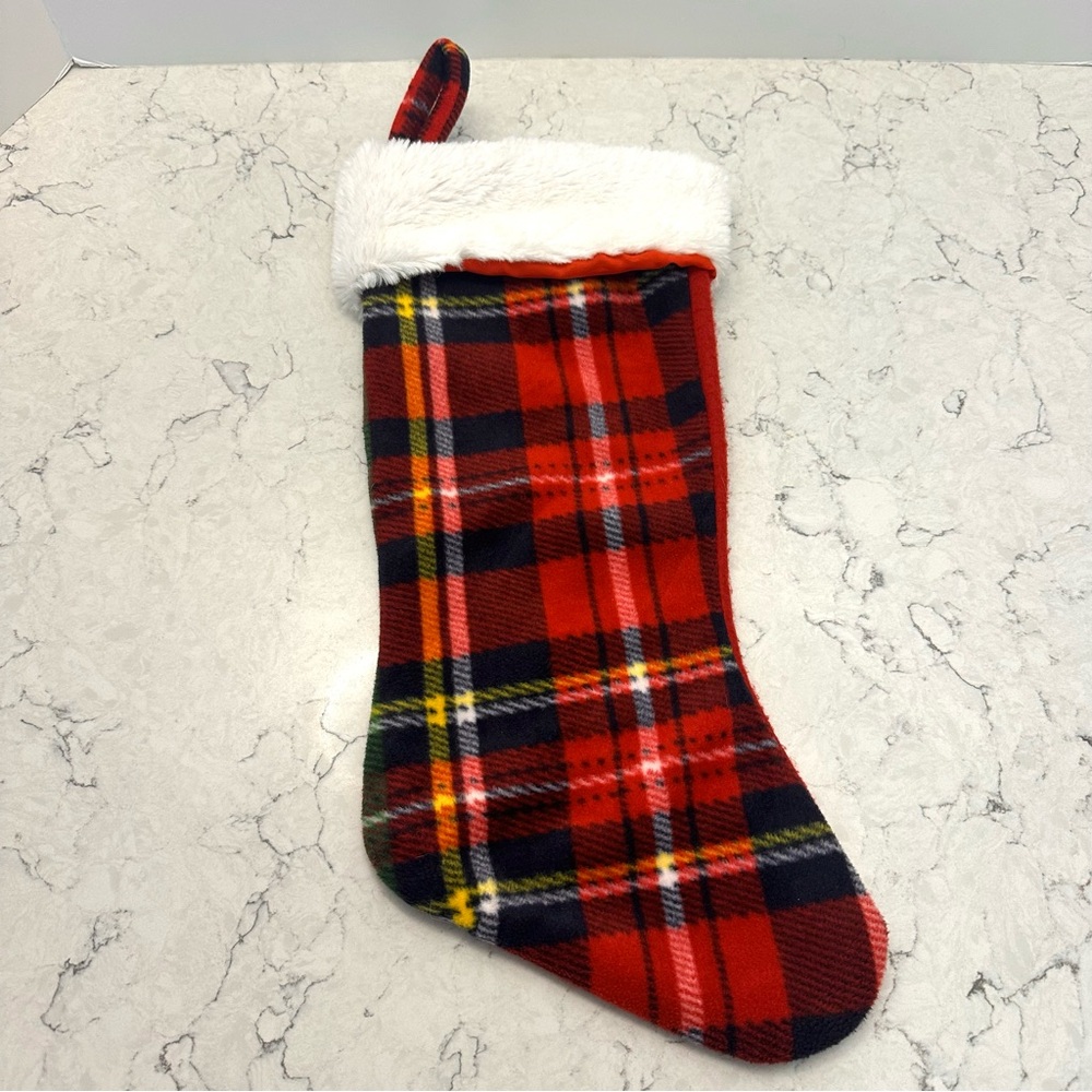 Red Contemporary Plaid Christmas Stocking Faux Fur Top